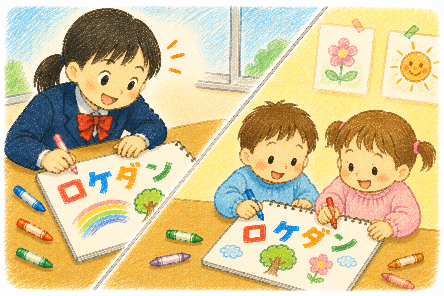 子どもたちが共同でロケダンの絵を描いているイラスト